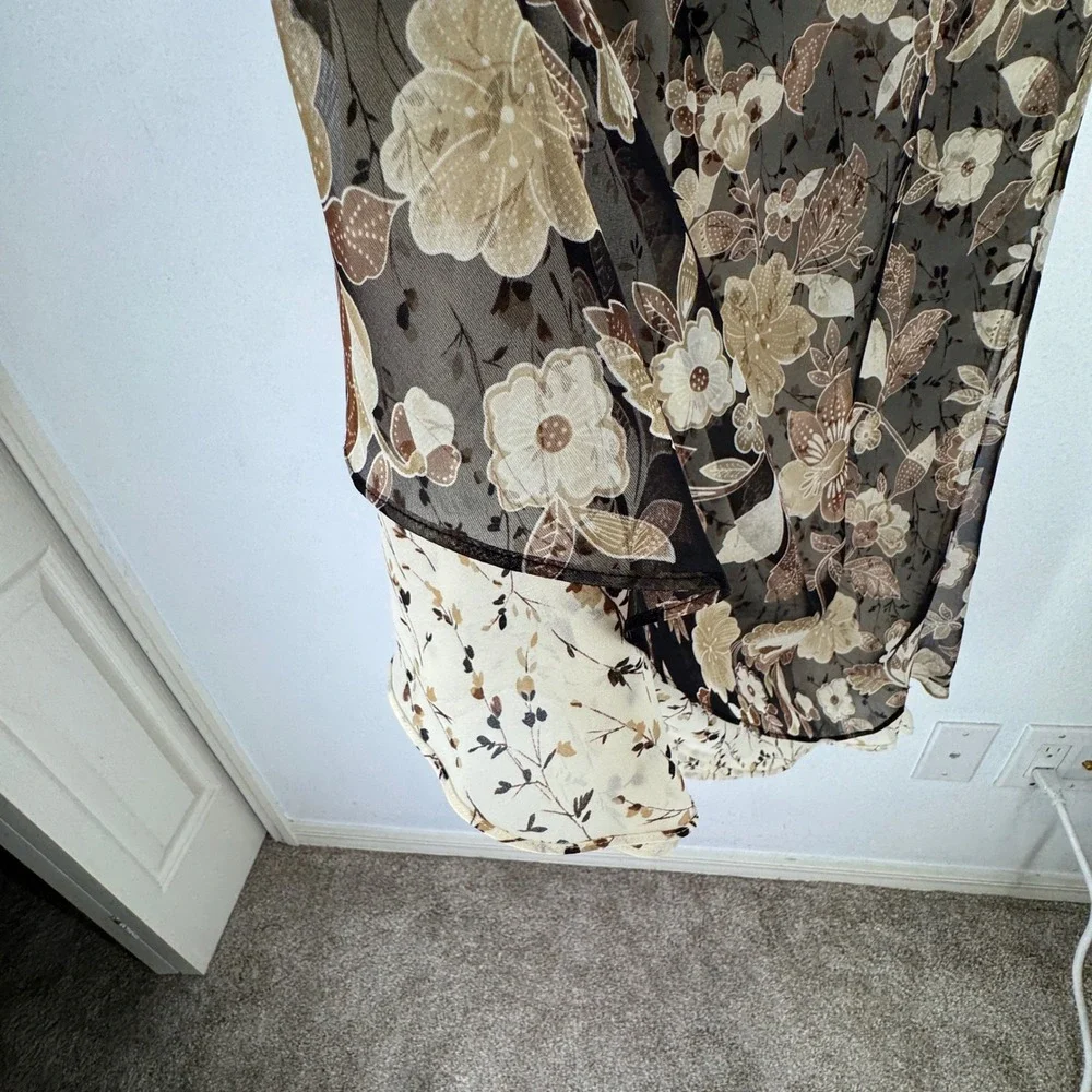Vintage Floral Chiffon Midi Slip Skirt Brown Cream Reversible Large Flowy Earthy